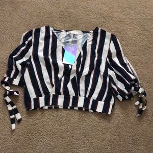 Tied Sleeve Surplice Striped Crop Top